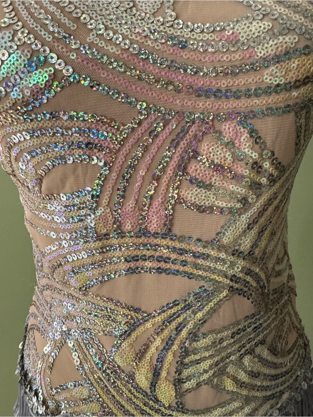 Weissman Iridescent Sequin Halter Costume with Gray Fringe - sz XLC